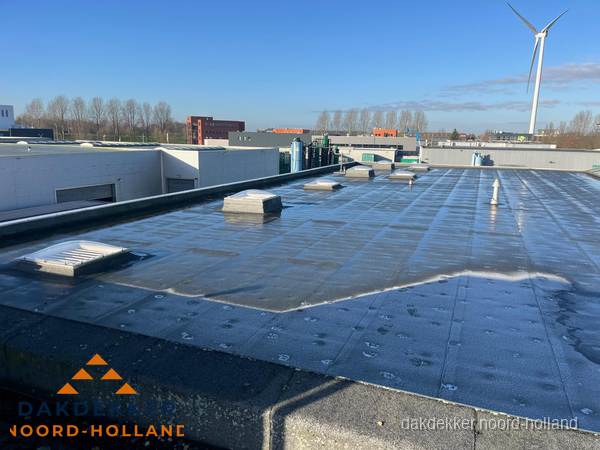 Plat dak bedrijfspand met bitumen dakbedekking en lichtkoepels in Noord-Holland