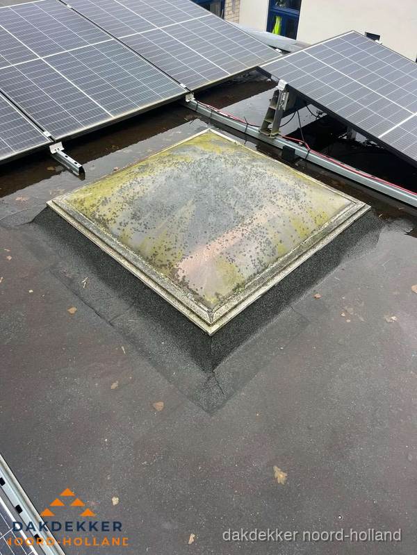 Vervuilde lichtkoepel op plat dak met zonnepanelen in Noord-Holland